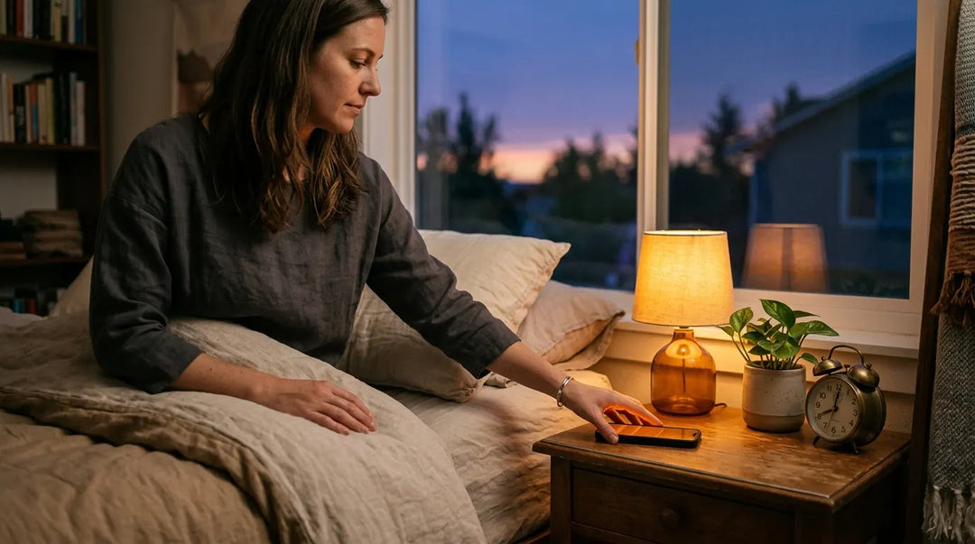 Person placing smartphone face-down on nightstand in warm twilight bedroom, calm mood