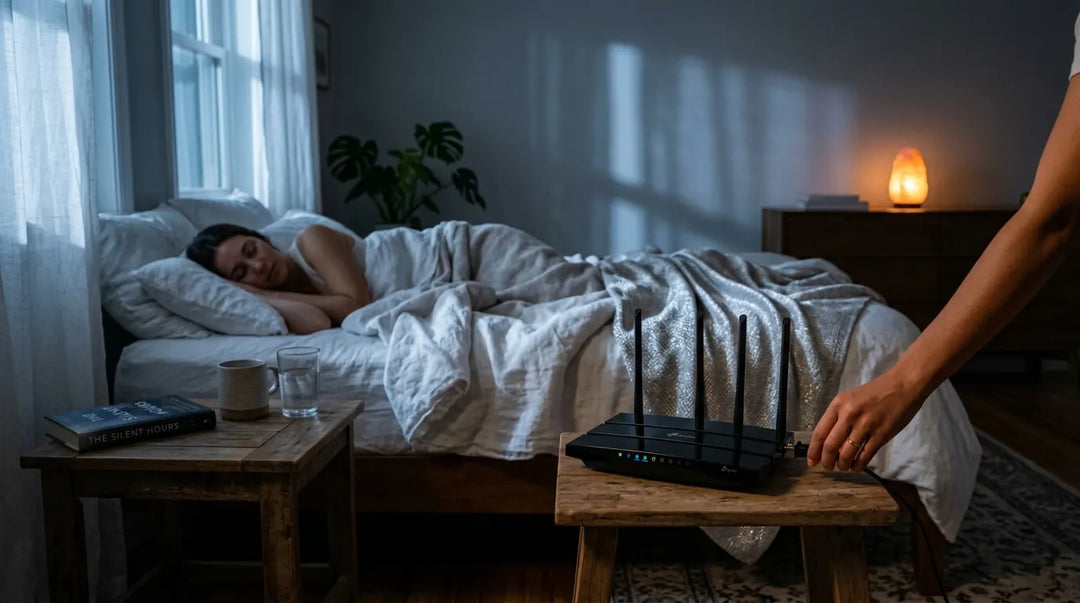 Hand unplugging glowing WiFi router on nightstand in peaceful moonlit bedroom
