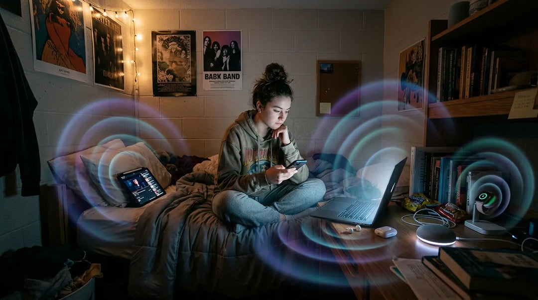 College student in technology-filled dorm room surrounded by glowing wireless devices and ethereal electromagnetic waves