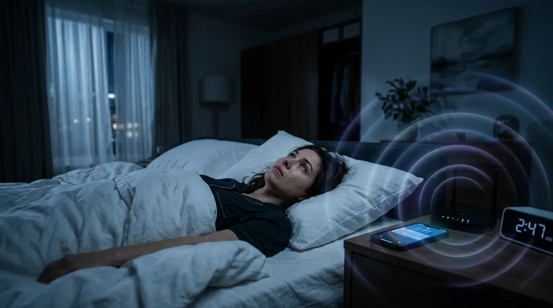 Restless person lying awake in dark bedroom surrounded by glowing electronic devices emitting subtle energy waves