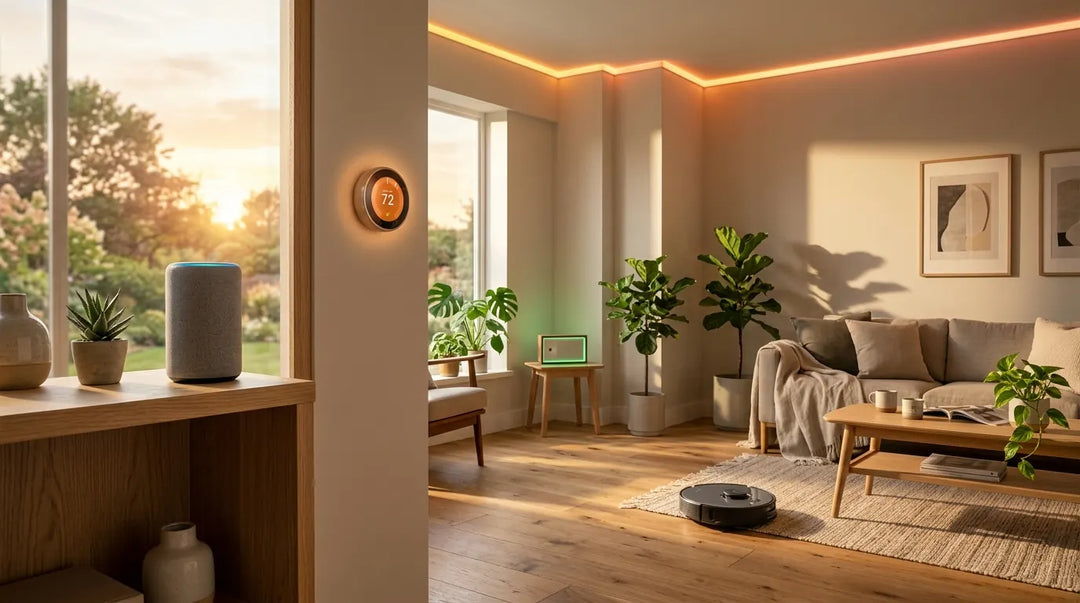 Modern living room with smart thermostat, speaker, robot vacuum, and houseplants in warm light