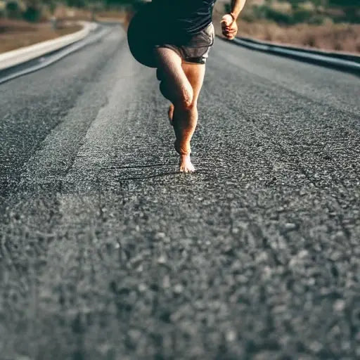 Runner's bare feet on asphalt road during outdoor running session