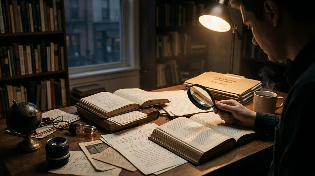 Person holding magnifying glass over open books at wooden desk under lamp