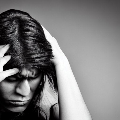 Black and white portrait of person holding head with long dark hair covering face