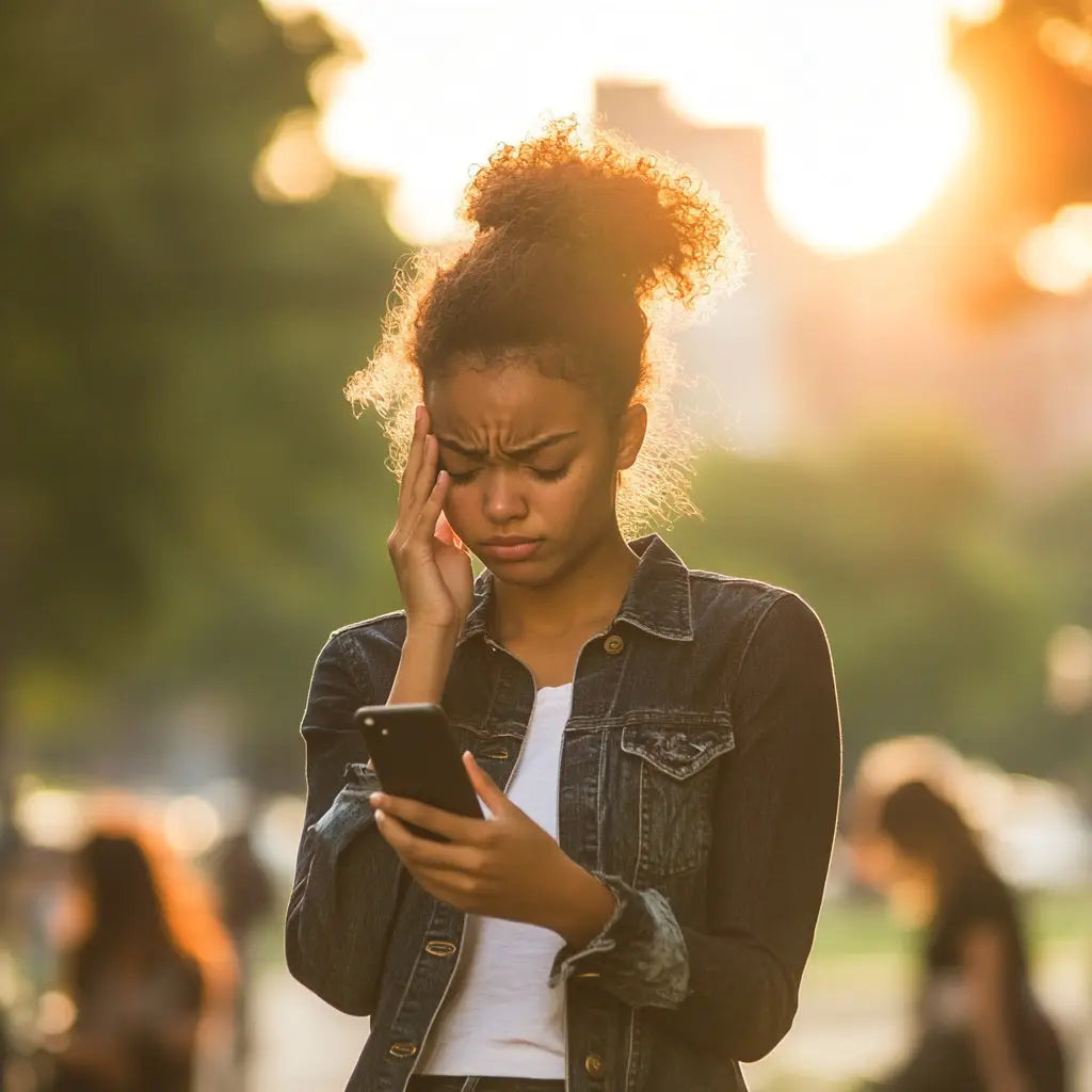 Young woman in denim jacket holding smartphone with concerned expression outdoors