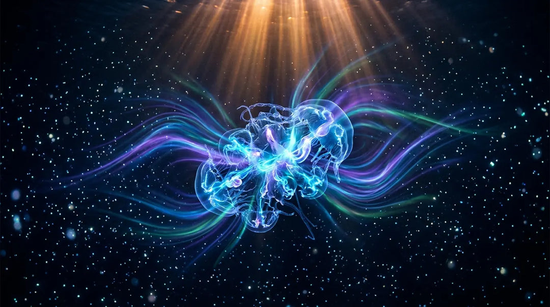 Bioluminescent deep-sea creature emitting radiant electromagnetic waves in dark ocean depths