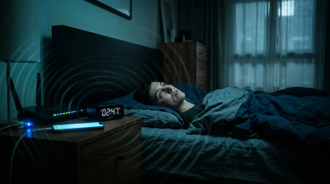 Person lying awake in dark bedroom surrounded by glowing electronic devices, unsettling mood