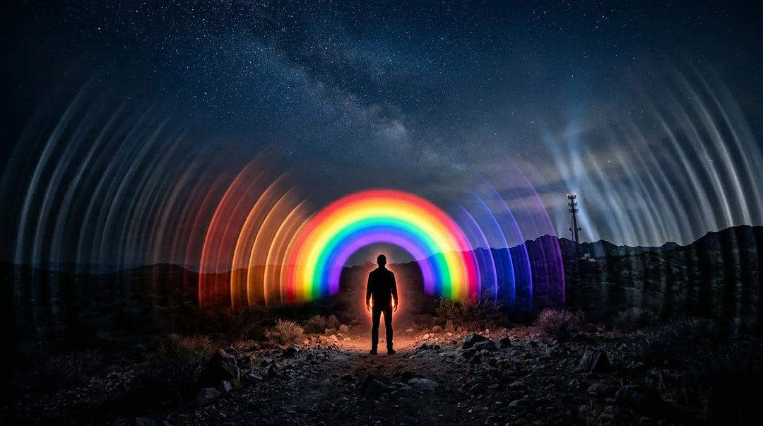 Human silhouette radiating colorful electromagnetic spectrum waves in dramatic dark environment