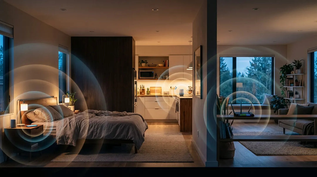 Modern home interior with multiple electronic devices emitting subtle electromagnetic wave visualizations, contemplative mood