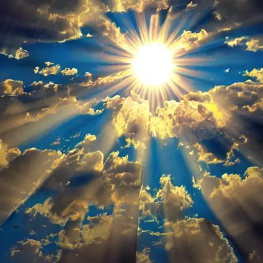 Bright sun radiating through golden clouds and blue sky