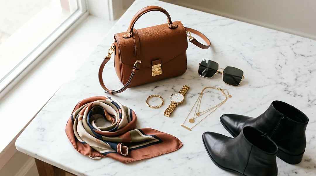 Curated capsule accessory collection flat lay on marble with warm editorial lighting