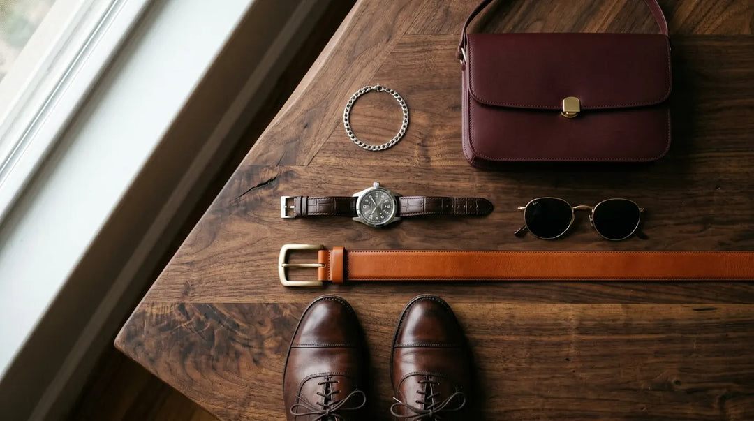 Curated luxury accessories flat lay with belt watch bag on dark wood surface