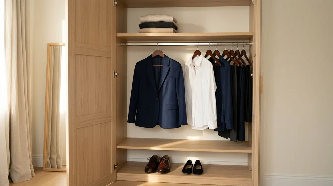 Minimalist organized closet with curated professional capsule wardrobe in warm natural light