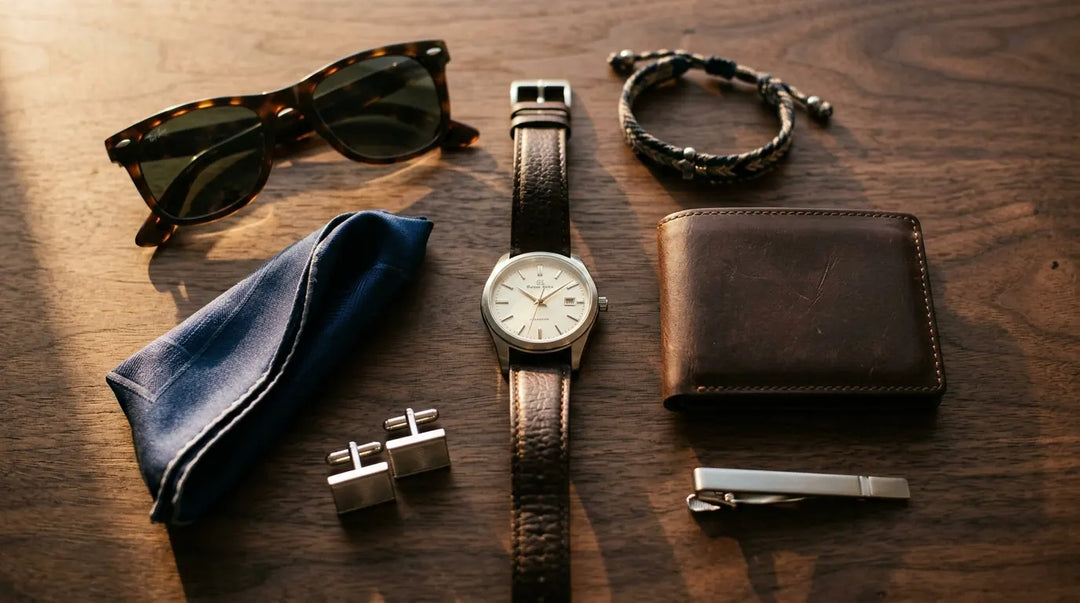 Curated men's accessories flat lay on dark wood surface with warm editorial lighting