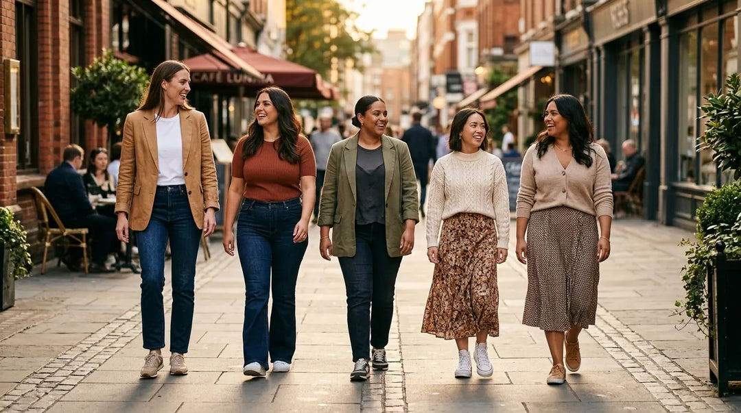 Diverse women of different body types wearing stylish casual outfits on sunlit city sidewalk