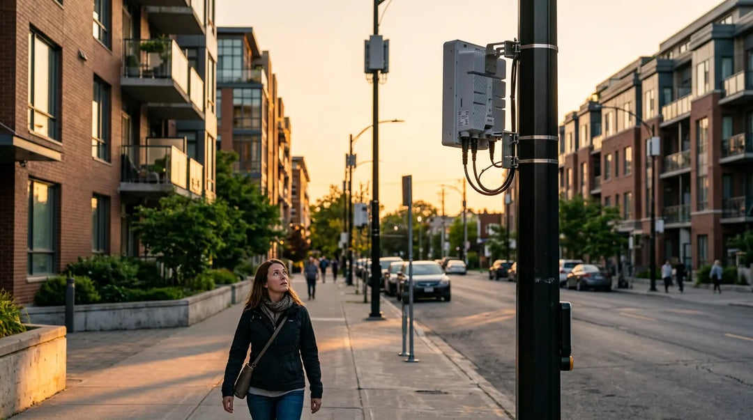 Person looking up at 5G small cell antenna on urban streetlight near apartments, concerned mood