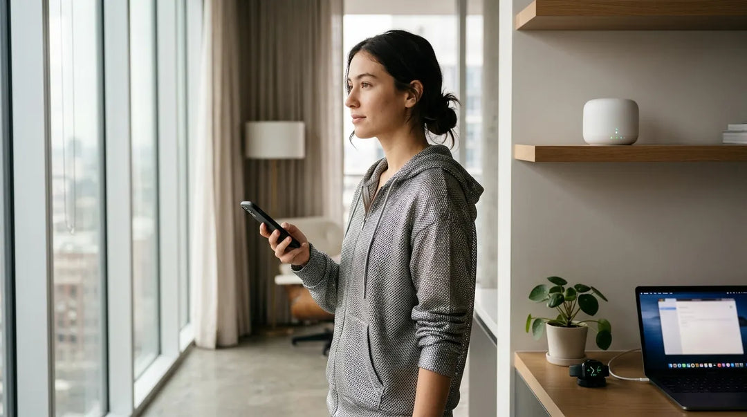Person wearing shimmering silver metallic fabric hoodie surrounded by wireless devices in modern apartment