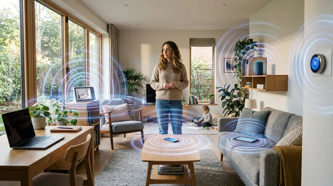 Modern living room with multiple electronic devices emitting subtle electromagnetic wave visualizations