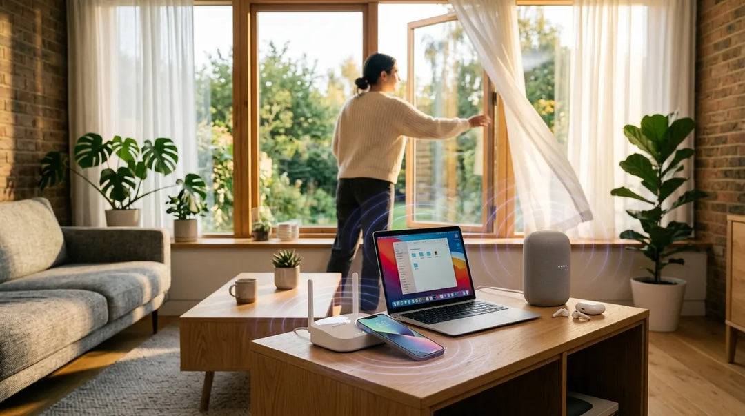 Modern living room with clustered wireless devices emitting subtle invisible energy waves