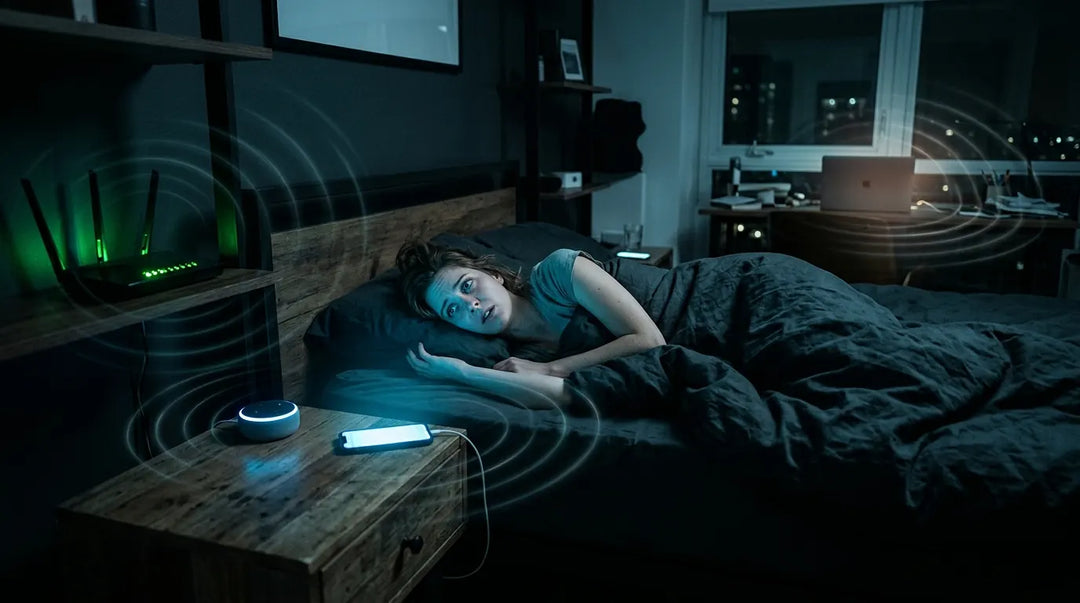 Restless person in dark bedroom surrounded by glowing electronic devices emitting subtle waves