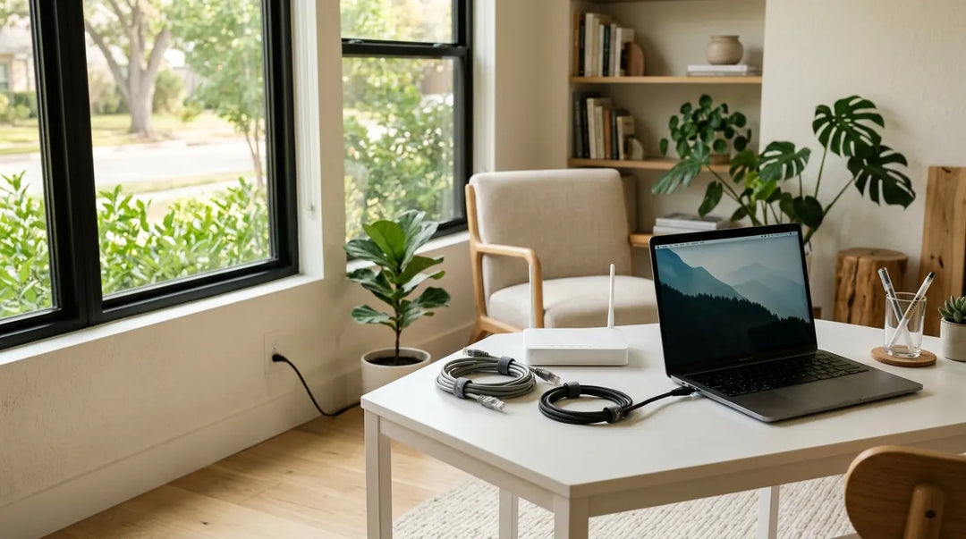 Minimalist living room with ethernet-connected laptop and unplugged router, calm natural light
