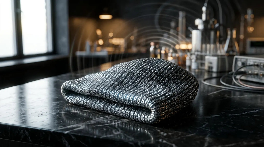 Silver fiber EMF shielding beanie with metallic weave detail on dark surface, moody lighting