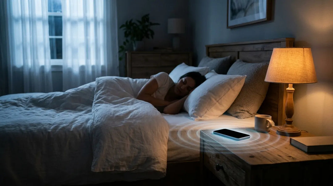 Person sleeping peacefully in bed with pillows, warm bedside lamp glowing, smartphone on nightstand