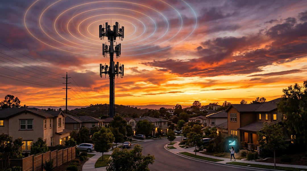 Cell tower with multiple antennas emitting concentric signal waves above suburban neighborhood at sunset