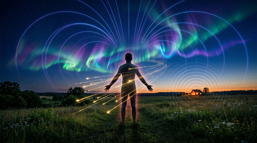 Silhouetted human figure in field radiating glowing energy lines with aurora borealis sky
