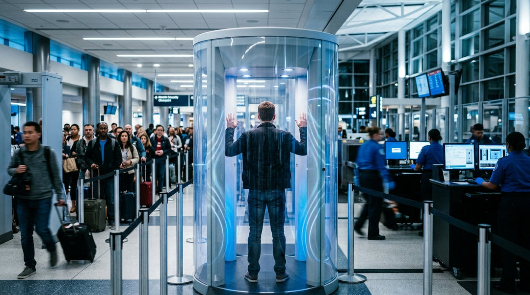 Man standing inside cylindrical security scanner at airport terminal with queue of travelers