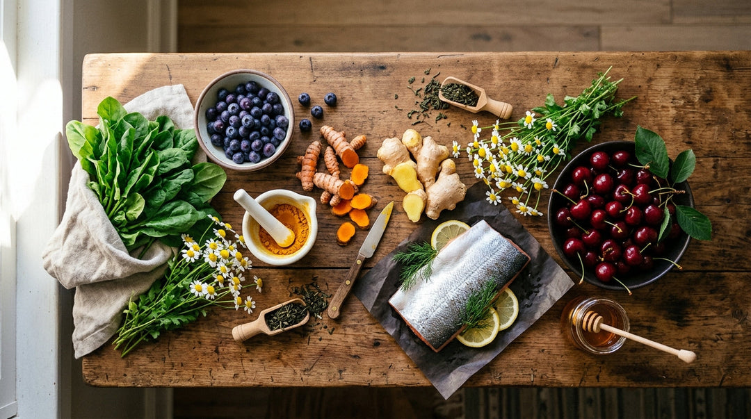 Rustic wooden board displaying fresh ingredients including salmon, blueberries, ginger, cherries, spinach, turmeric, herbs and honey