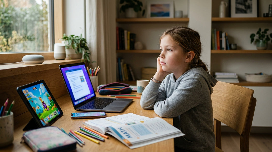 Girl at wooden desk with multiple devices looking thoughtful while studying