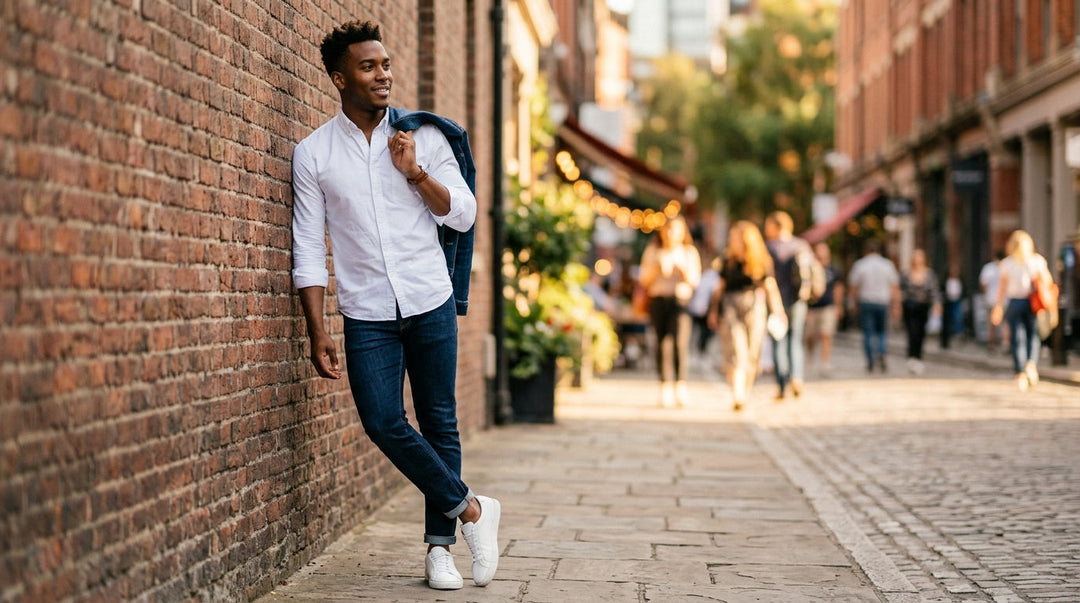 Man wearing white button-up shirt and dark jeans against brick wall