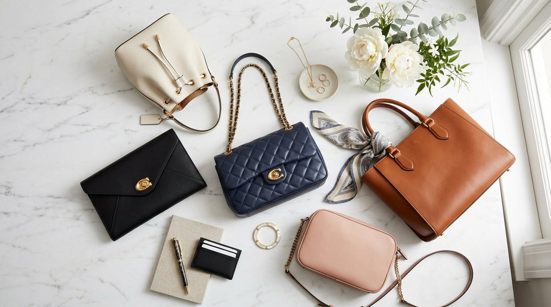 Collection of structured handbags in black, navy, cognac and blush displayed with accessories on marble
