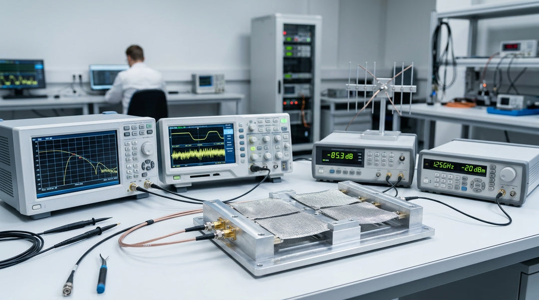 RF testing laboratory setup with spectrum analyzer, oscilloscope, and measurement device displaying dB attenuation values
