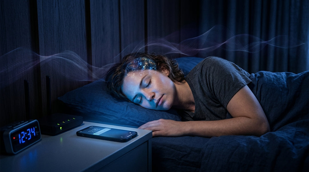 Person sleeping peacefully in bed with glowing headband and starry brain visualization