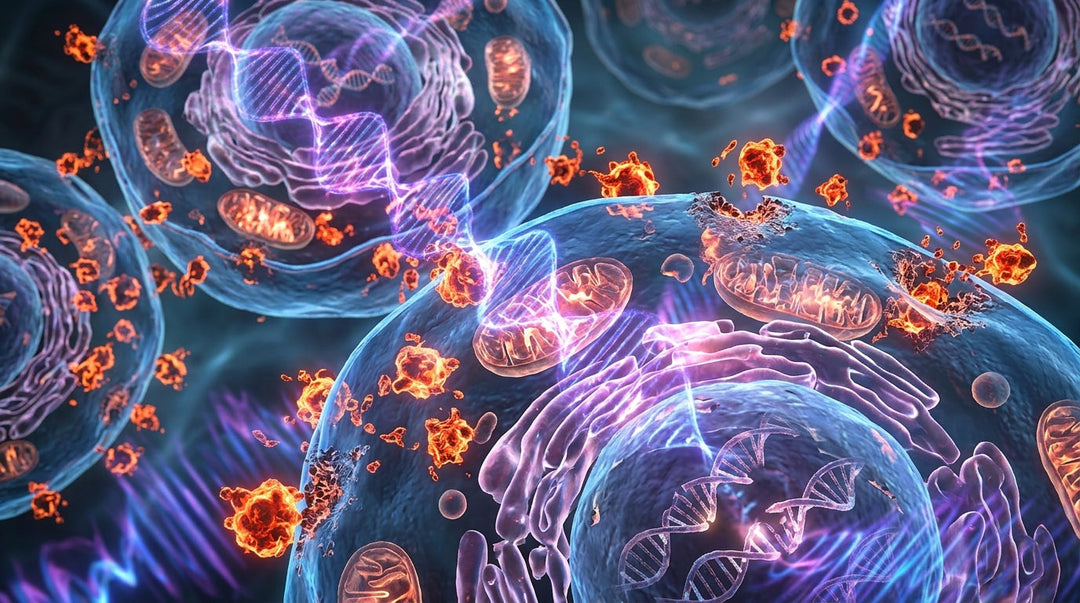 3D scientific visualization of glowing cells with purple DNA strands and orange mitochondria