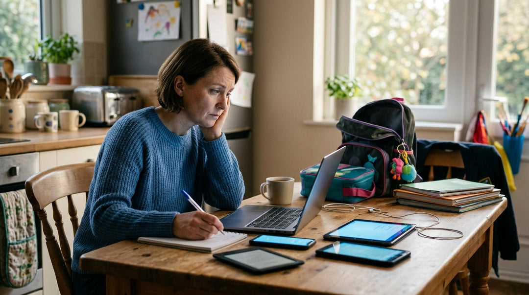 Woman at wooden desk with laptop, tablets, and smartphone displaying digital devices in home office
