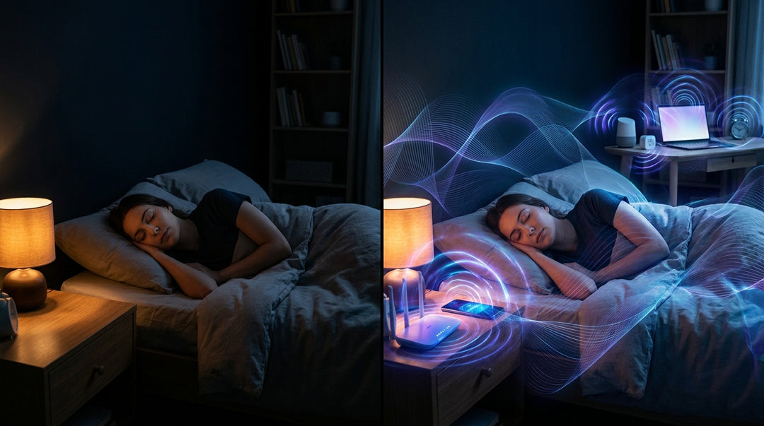 Person sleeping peacefully in bed with electromagnetic field visualization overlaying bedroom environment