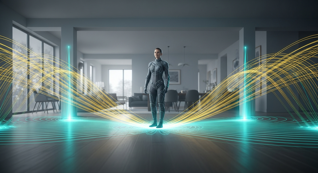 Person in futuristic bodysuit standing in modern apartment surrounded by glowing cyan and yellow energy waves