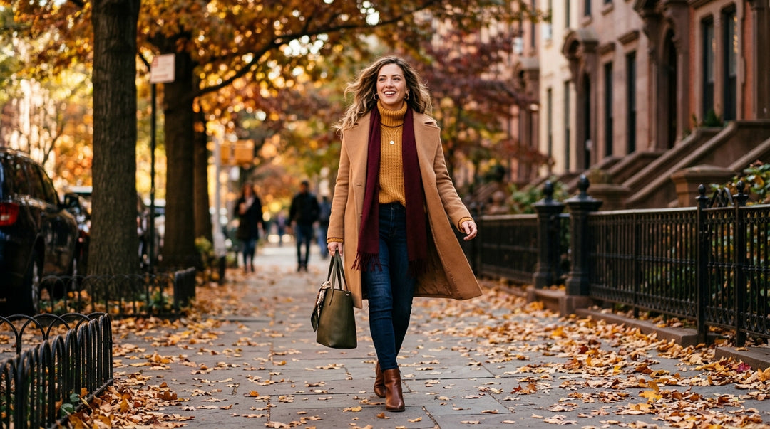 Woman walking urban street in camel coat, golden turtleneck, burgundy scarf, dark jeans