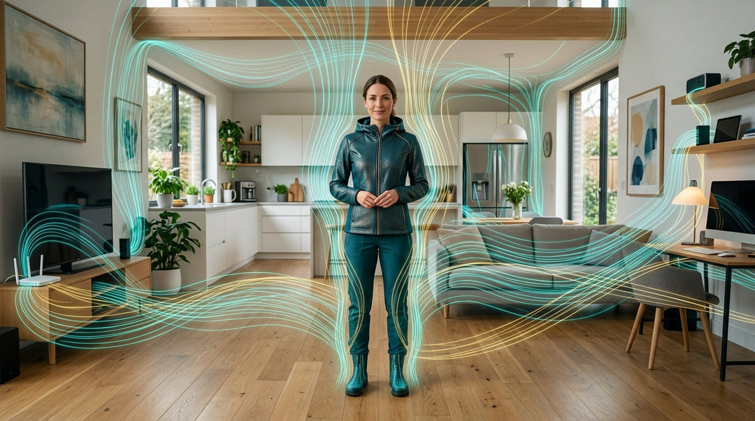 Woman wearing dark teal quilted jacket with hood standing in modern living room with energy field visualization