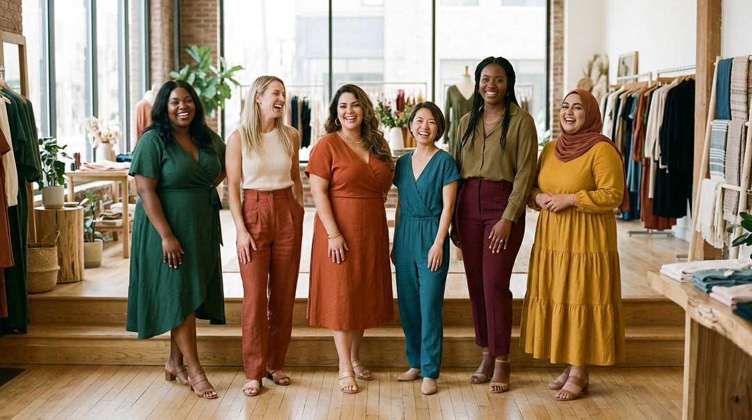 Six diverse women wearing colorful flattering outfits in modern clothing boutique