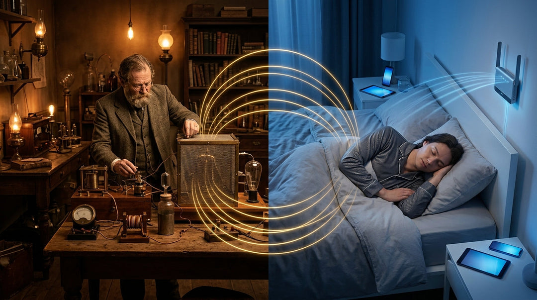 Split image showing man in vintage lab with glowing wireless waves and sleeping person in modern bedroom with devices