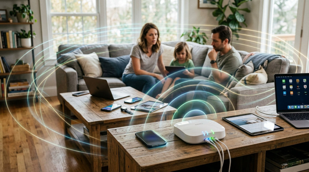 WiFi router on wooden desk with wireless signal visualization emanating throughout living room where family sits on couch