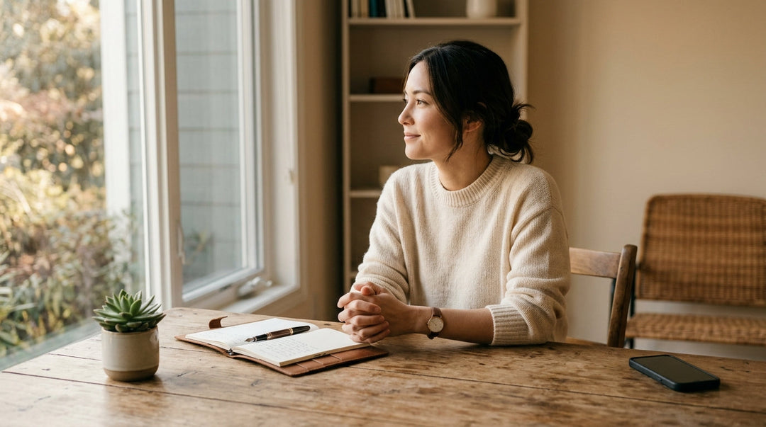 Woman in beige sweater sitting at wooden desk looking out window away from phone