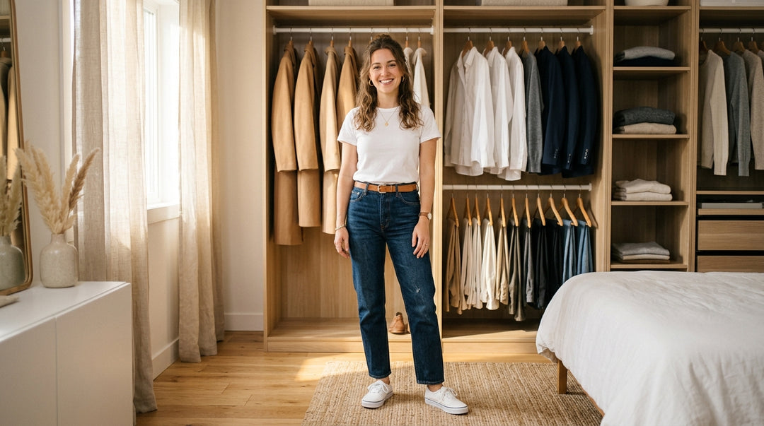 Woman in white t-shirt and blue jeans standing in organized wooden wardrobe closet