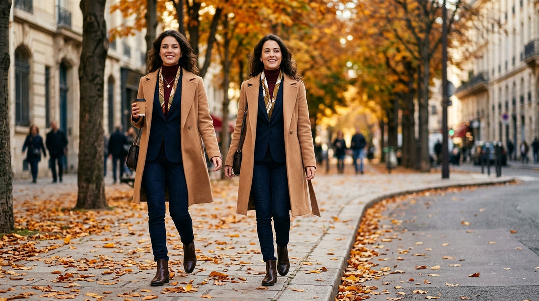 Two women walking on autumn street wearing camel coats over navy blazers and burgundy scarves