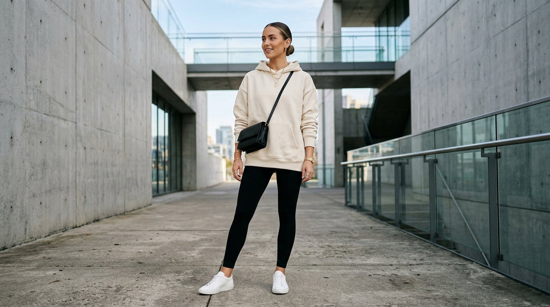 Woman wearing cream hoodie with black leggings and white sneakers in urban setting