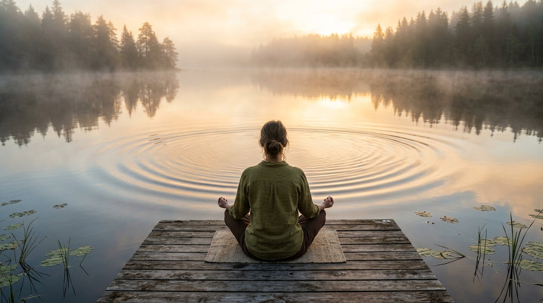 Woman meditating on wooden dock overlooking misty lake with forest and rippling water